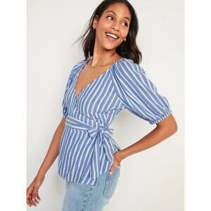 Old Navy Women's Striped Wrap Baby Doll Top Blue M Cottage Pastoral Feminine